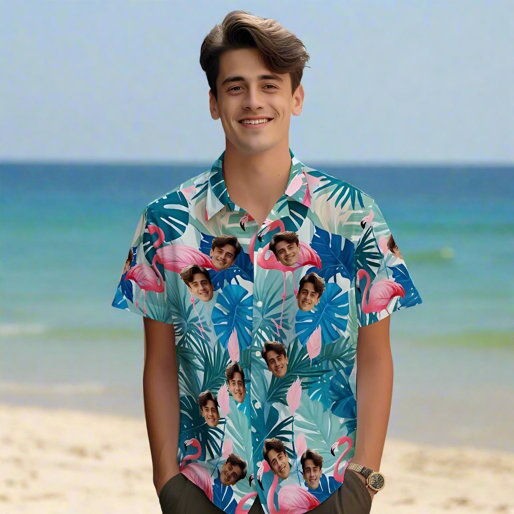 Custom Face Hawaiian Shirts  Flamingo Leaves Blue Hawaiian Shirt - SantaSocks