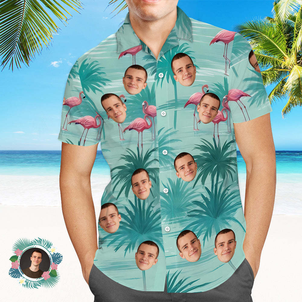 Custom Face Hawaiian Shirts Light Green Flamingo Leaves Hawaiian Shirt - SantaSocks