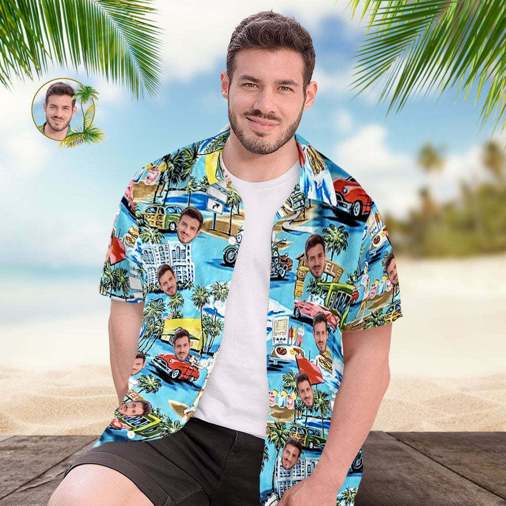 Custom Face Hawaiian Shirts Cartoon Cars and Buildings Mens Hawaiian Shirts