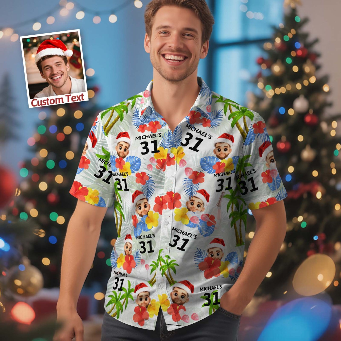 Custom Cartoon Date and Name Birthday Face Hawaiian Shirt Red Flower and Palm Tree Hawaiian Shirt