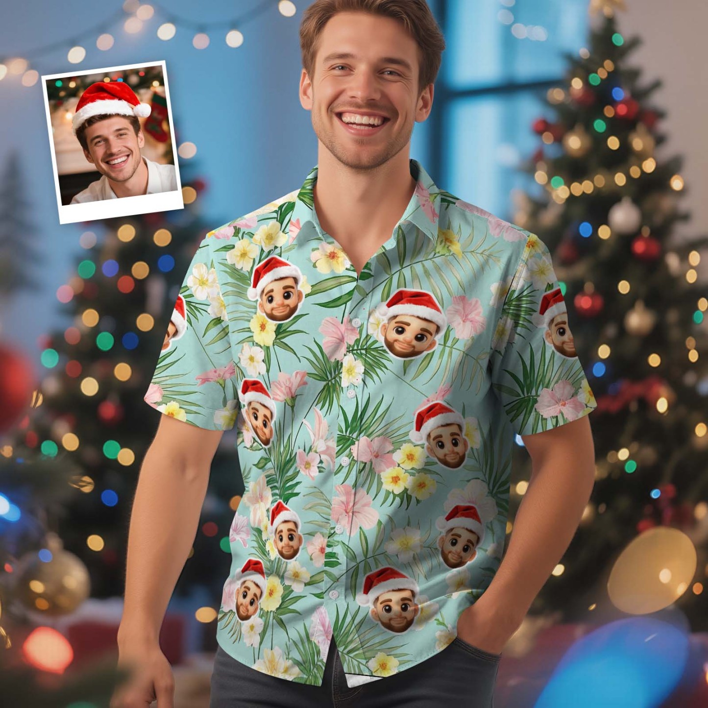 Personalized Cartoon Leaf Hawaiian Shirt Custom Face Photo Shirt for Men Fun Summer Vacation Outfit