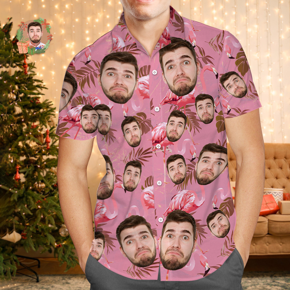 Custom Face Hawaiian Shirt Personalized Xmas Lights Flamingo Flowers And Leaves Beach Holiday Christmas Face Hawaiian Shirt - SantaSocks