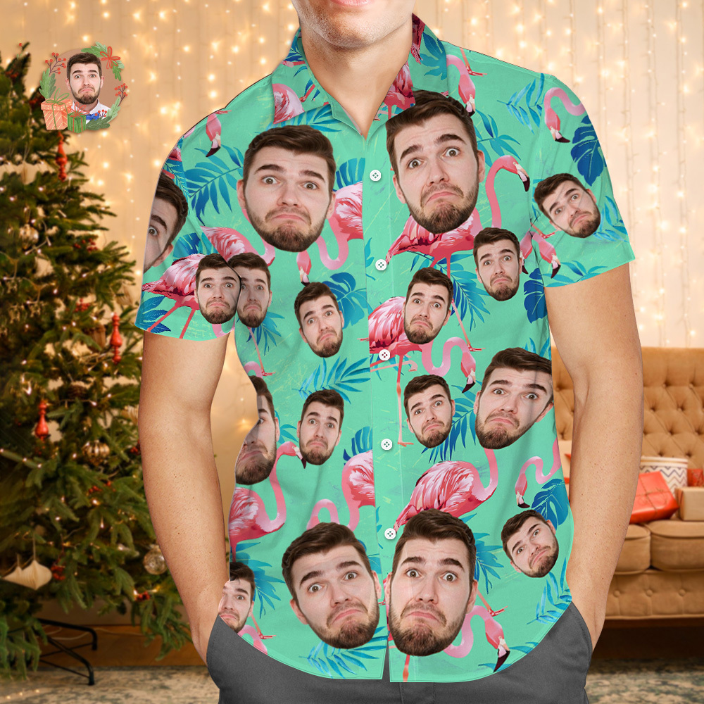 Custom Face Hawaiian Shirt Personalized Xmas Lights Flamingo Flowers And Leaves Beach Holiday Christmas Face Hawaiian Shirt - SantaSocks