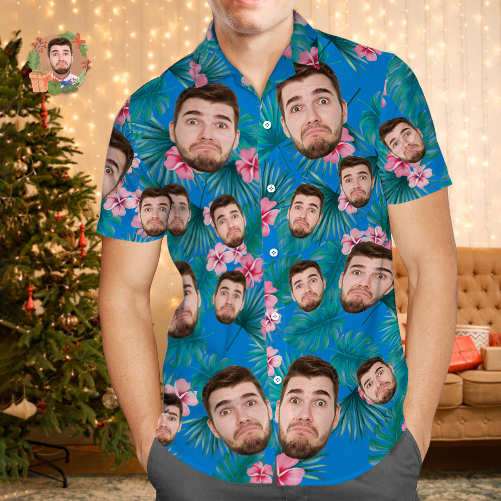 Custom Face Hawaiian Shirt Personalized Xmas Lights Flamingo Flowers And Leaves Beach Holiday Christmas Face Hawaiian Shirt - SantaSocks