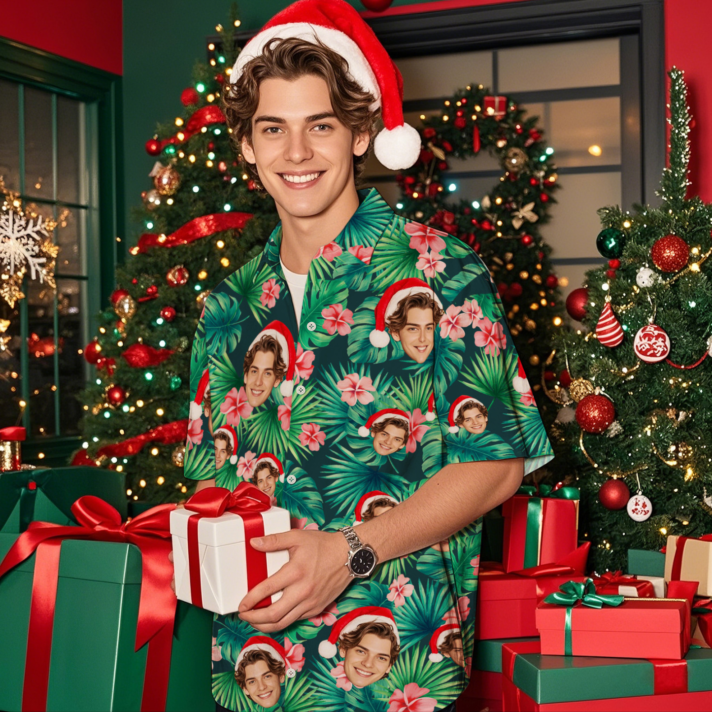 Custom Face Hawaiian Shirt Personalized Xmas Lights Flamingo Flowers And Leaves Beach Holiday Christmas Face Hawaiian Shirt - SantaSocks