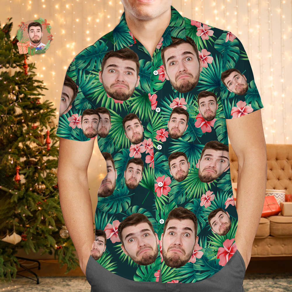 Custom Face Hawaiian Shirt Personalized Xmas Lights Flamingo Flowers And Leaves Beach Holiday Christmas Face Hawaiian Shirt - SantaSocks