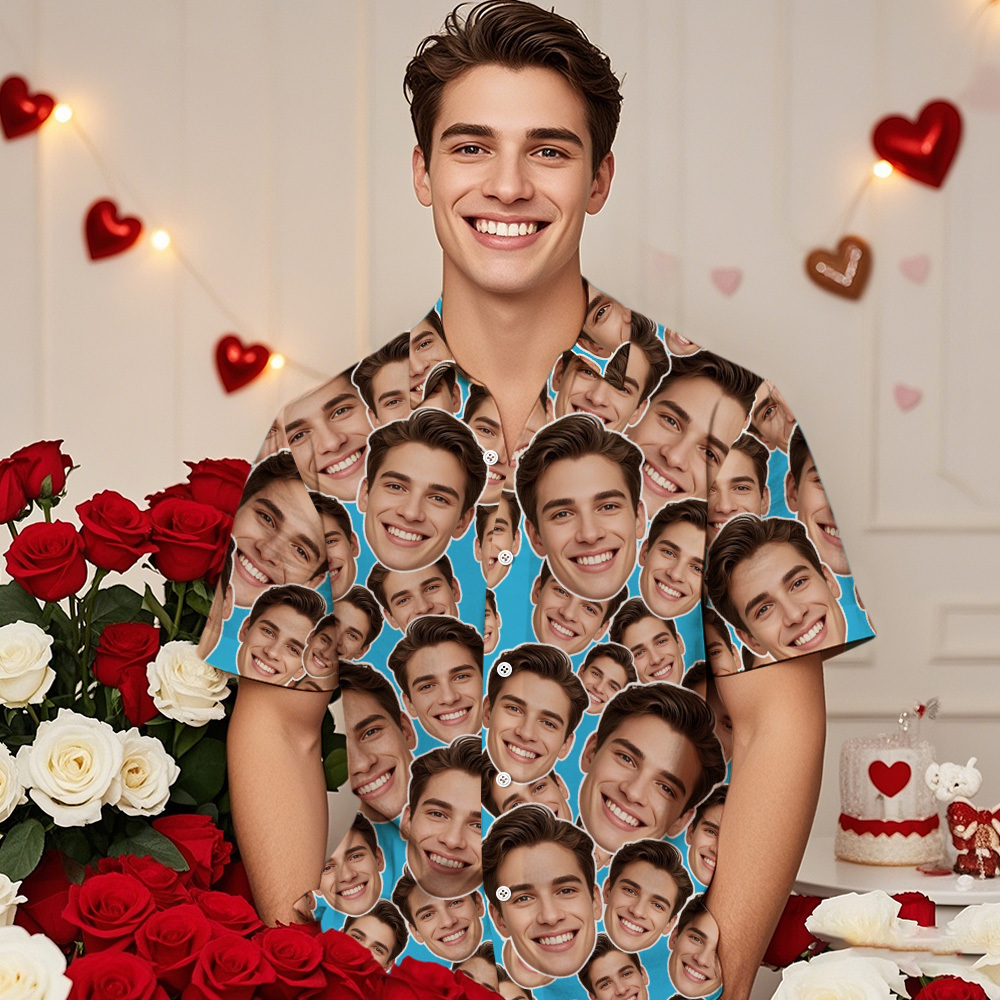 Personalized Mash Face Hawaiian Shirt Valentine Hawaiian Shirt Face Blue Hawaiian Shirt for Couple - SantaSocks