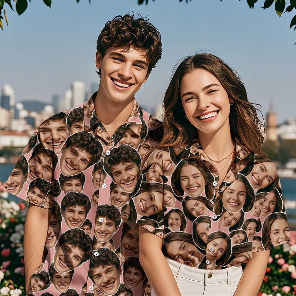 Personalized Mash Face Hawaiian Shirt Valentine Hawaiian Shirt Face Blue Hawaiian Shirt for Couple - SantaSocks