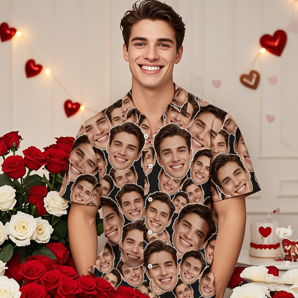 Personalized Mash Face Hawaiian Shirt Valentine Hawaiian Shirt Face Blue Hawaiian Shirt for Couple - SantaSocks