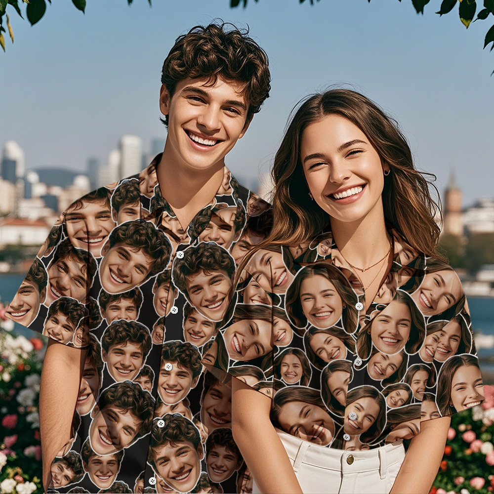 Personalized Mash Face Hawaiian Shirt Valentine Hawaiian Shirt Face Blue Hawaiian Shirt for Couple - SantaSocks