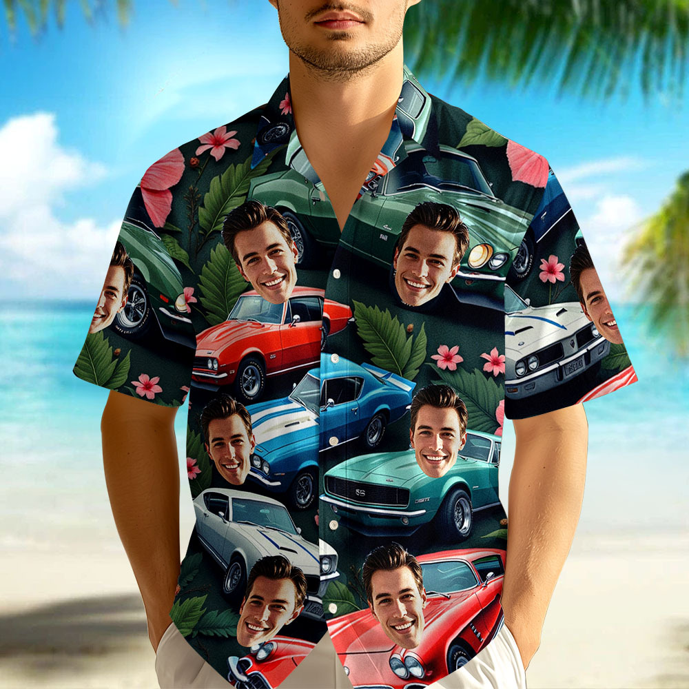 Custom Face Hawaiian Shirt Classic Car Photo Hawaiian Shirt Gift for Him