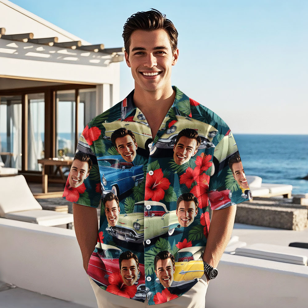 Custom Face Hawaiian Shirt Classic Car Photo Hawaiian Shirt Gift for Him