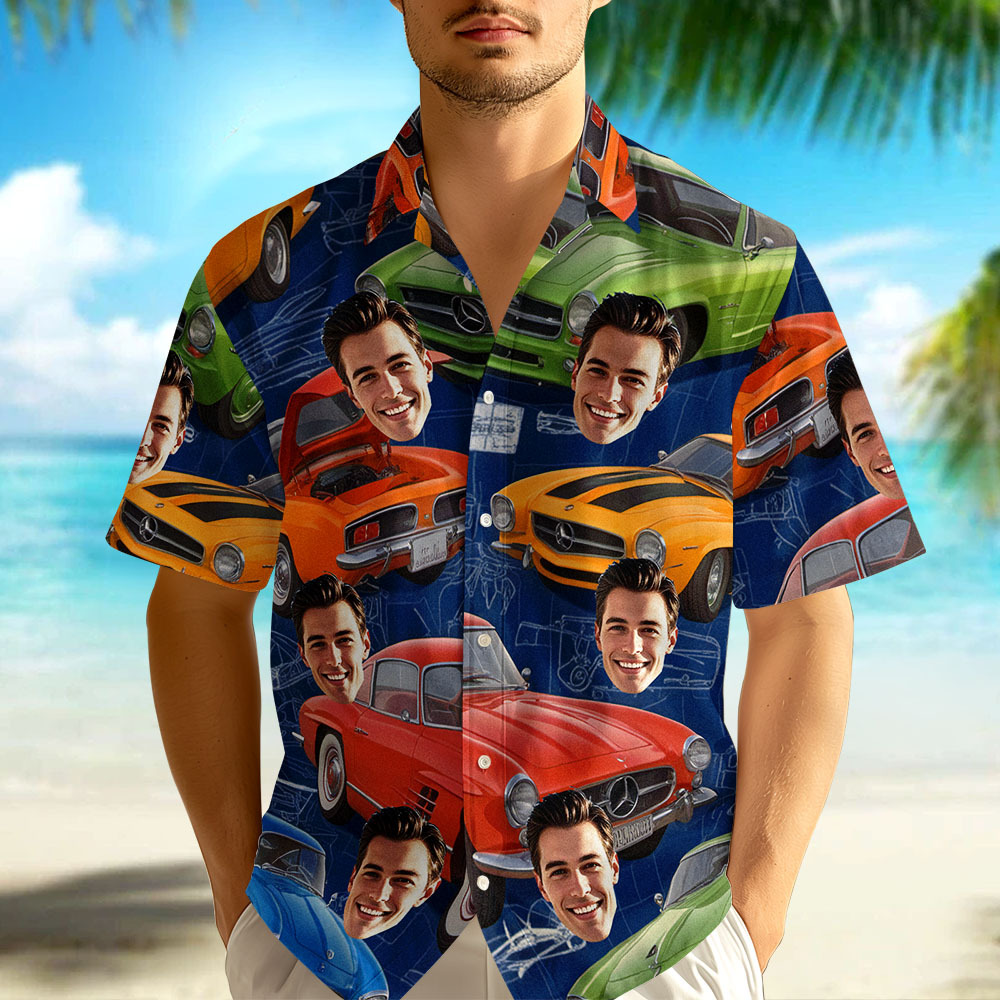 Custom Face Hawaiian Shirt Classic Car Photo Hawaiian Shirt Gift for Him