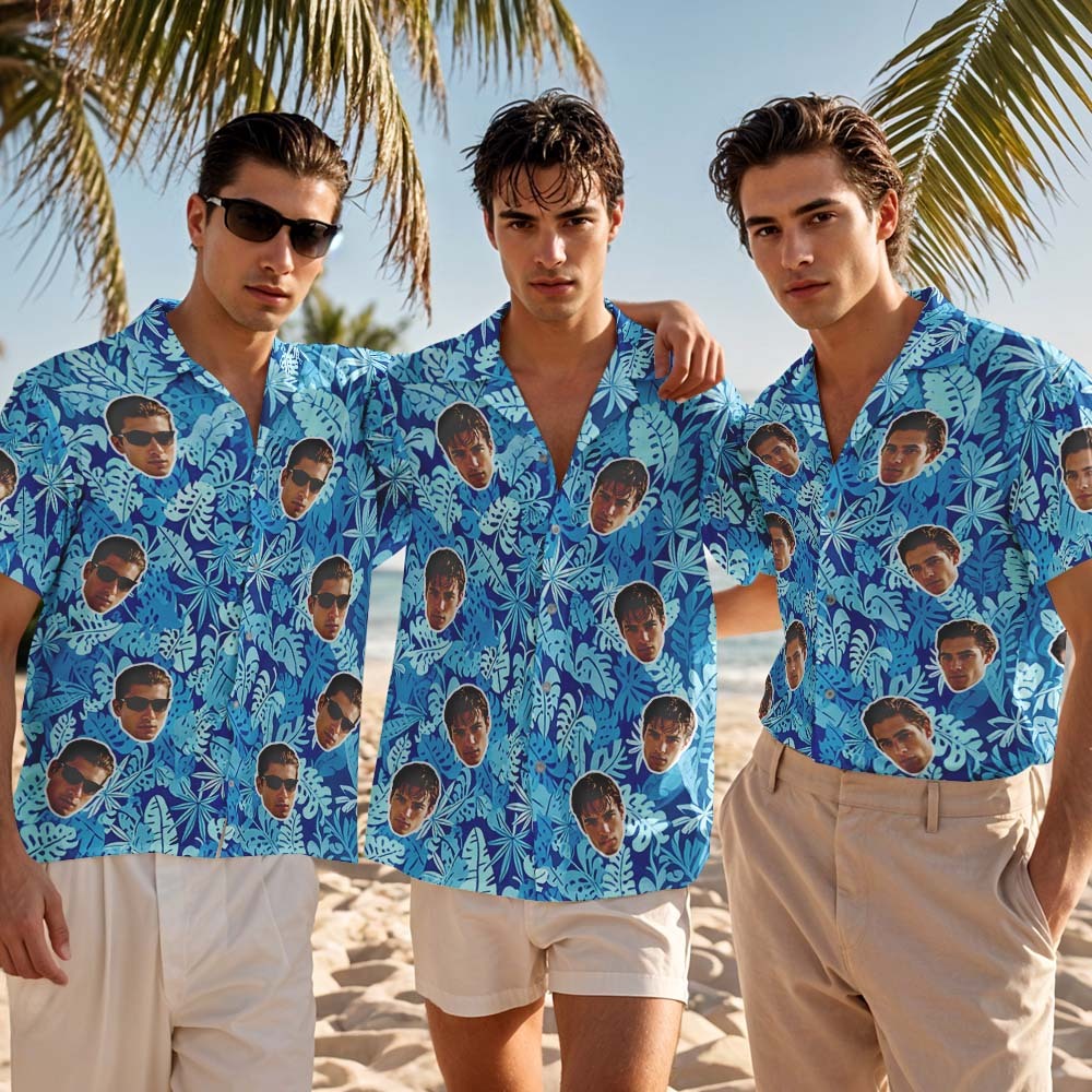 Personalized Blue Leaf Hawaiian Shirt Custom Face Photo Shirt for Men Fun Summer Vacation Outfit