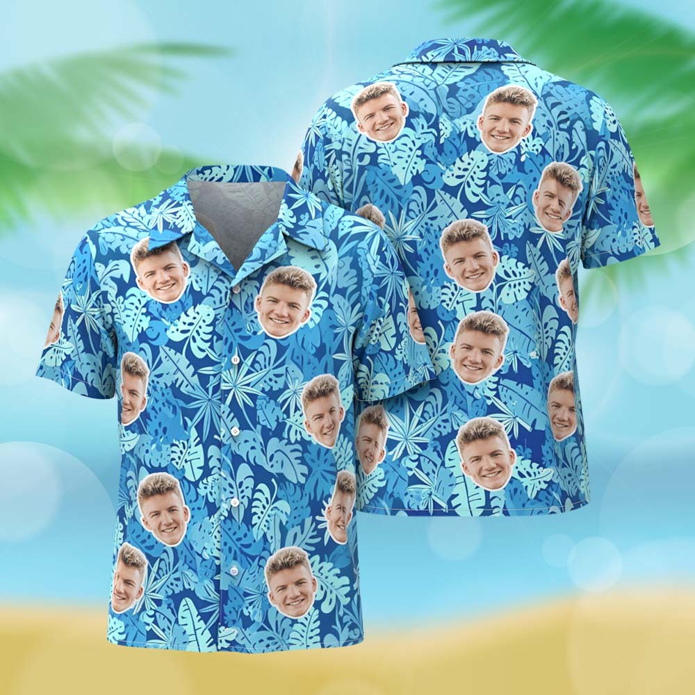 Personalized Blue Leaf Hawaiian Shirt Custom Face Photo Shirt for Men Fun Summer Vacation Outfit