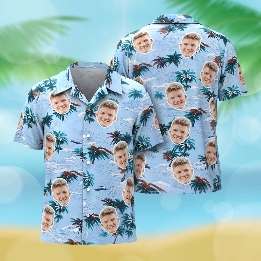 Personalized Blue Leaf Hawaiian Shirt Custom Face Photo Shirt for Men Fun Summer Vacation Outfit