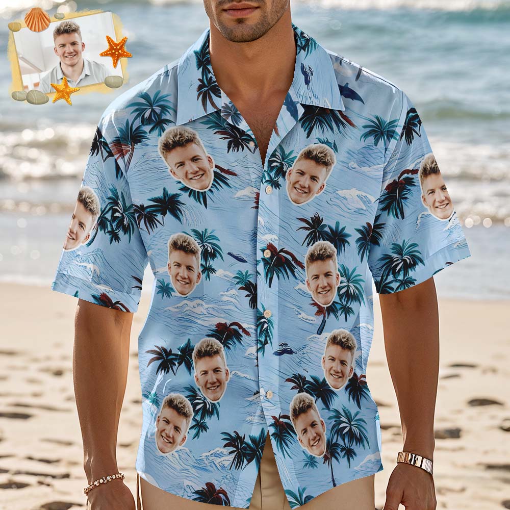 Personalized Blue Leaf Hawaiian Shirt Custom Face Photo Shirt for Men Fun Summer Vacation Outfit