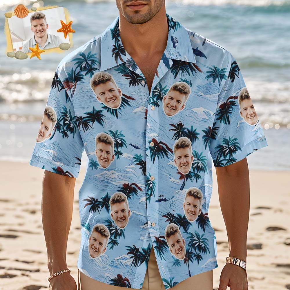 Personalized Blue Leaf Hawaiian Shirt Custom Face Photo Shirt for Men Fun Summer Vacation Outfit