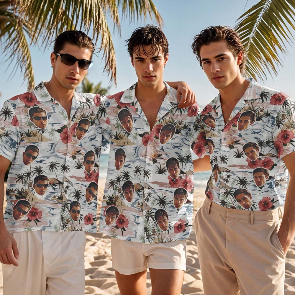 Custom Face Hawaiian Shirt Tropical Red Flower White Vintage Hawaiian Shirt Men Summer Face Gift Idea