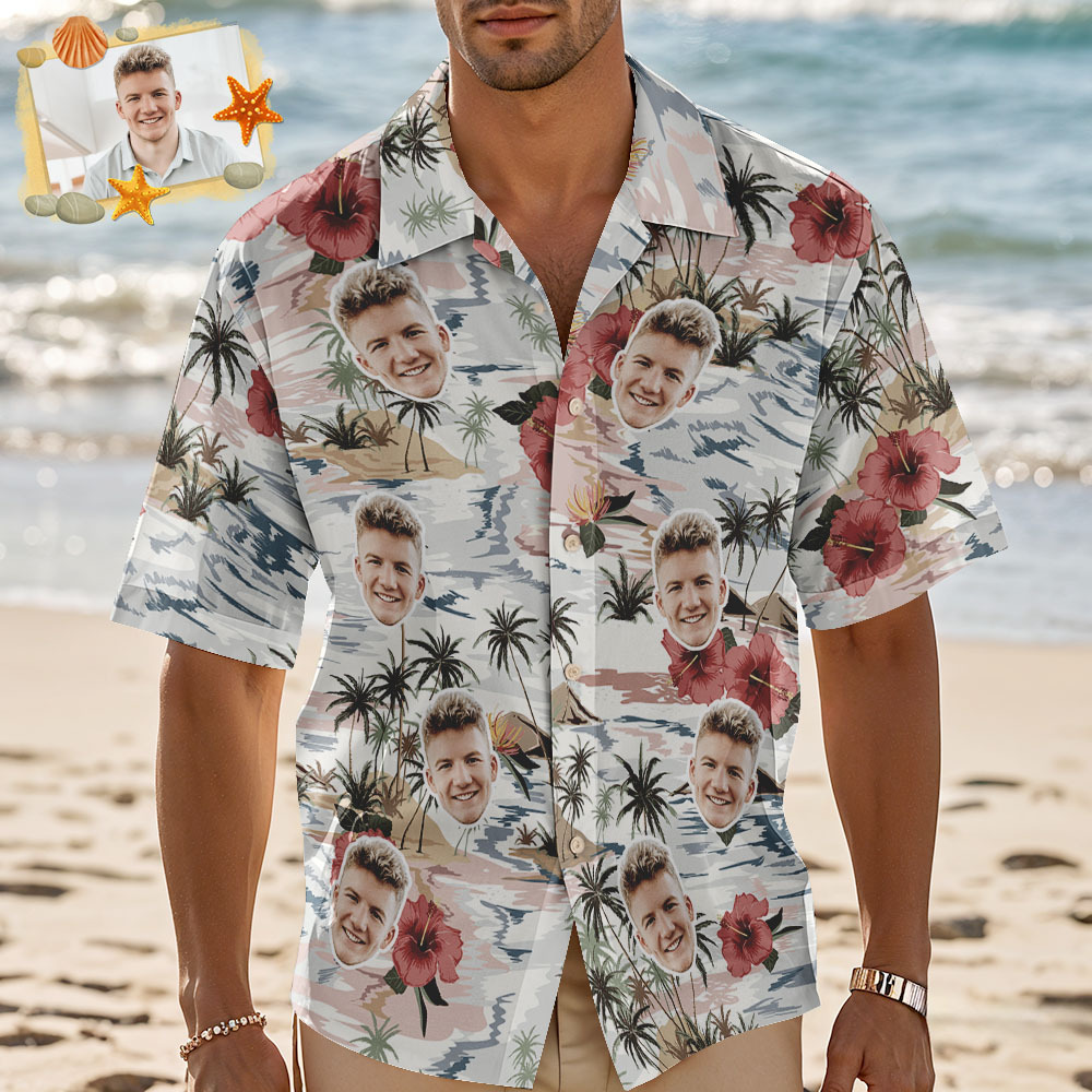 Custom Face Hawaiian Shirt Tropical Red Flower White Vintage Hawaiian Shirt Men Summer Face Gift Idea