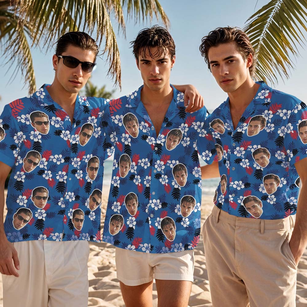 Custom Face Hawaiian Shirt Vibrant Flower Aloha Face Blue Hawaiian Shirt