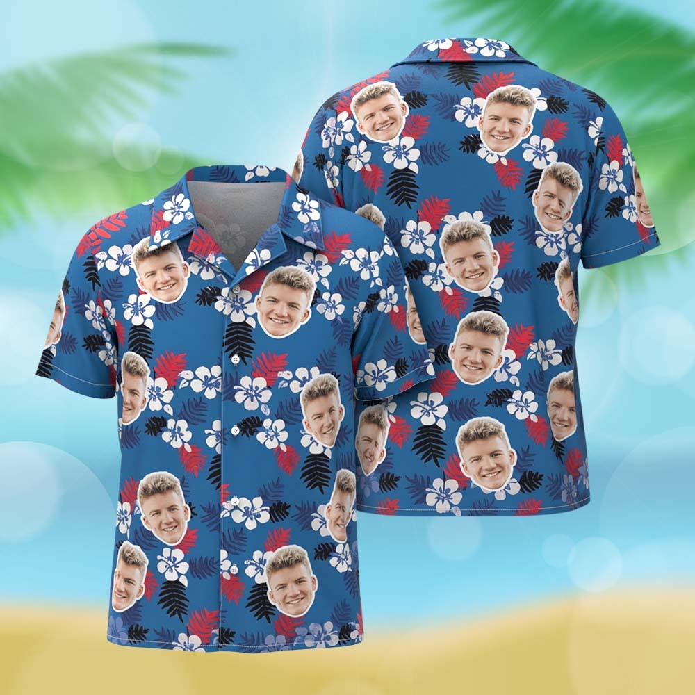 Custom Face Hawaiian Shirt Vibrant Flower Aloha Face Blue Hawaiian Shirt