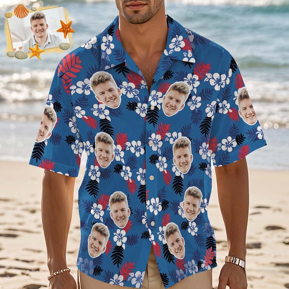 Custom Face Hawaiian Shirt Vibrant Flower Aloha Face Blue Hawaiian Shirt