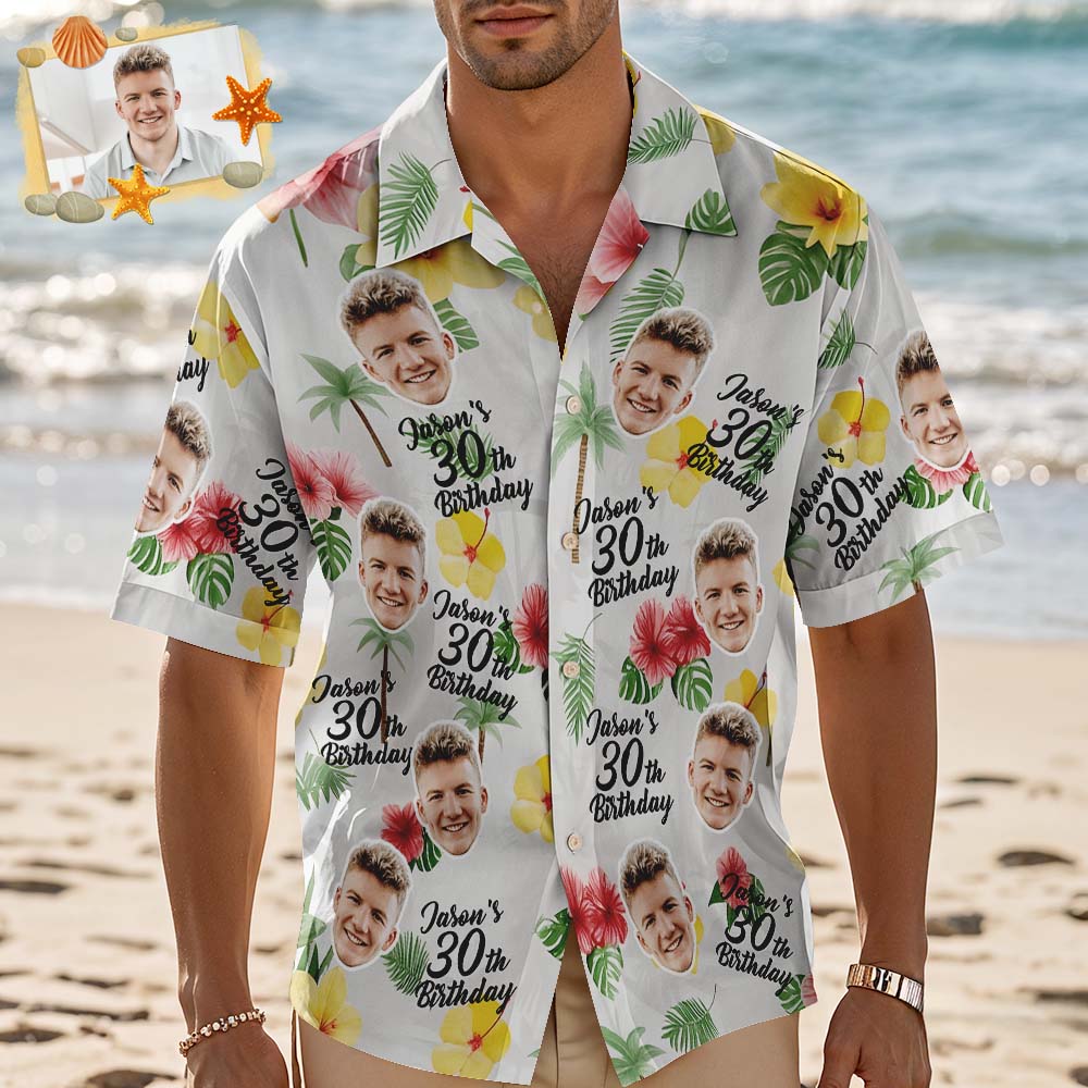 Personalized Birthday Hawaiian Shirt Custom Face Name Summer Birthday Party White Shirt Aloha Birthday Hawaiian Shirt Birthday Gift