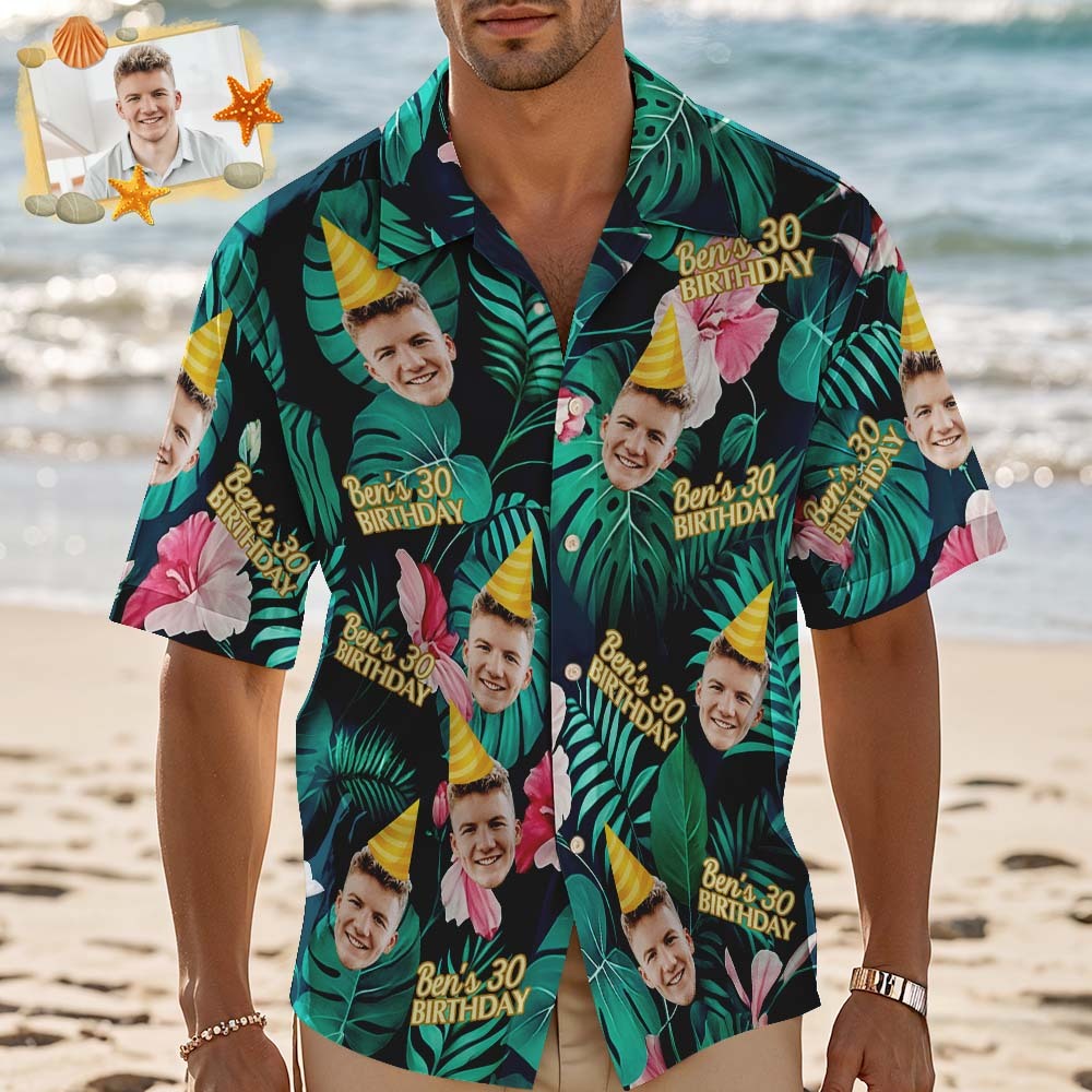 Custom Photo Hawaiian Shirt Birthday Tropical Hawaiian Aloha Shirt Face and Name Summer Vacation Gift