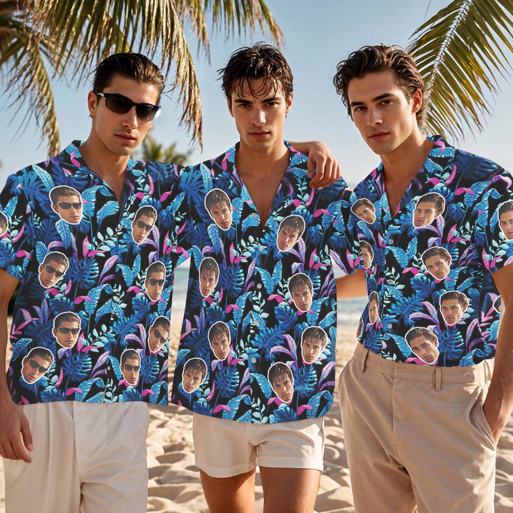 Custom Vacation Shirt Dark Blue Tropical Leaf Hawaiian Shirt Personalized Summer Party Outfit