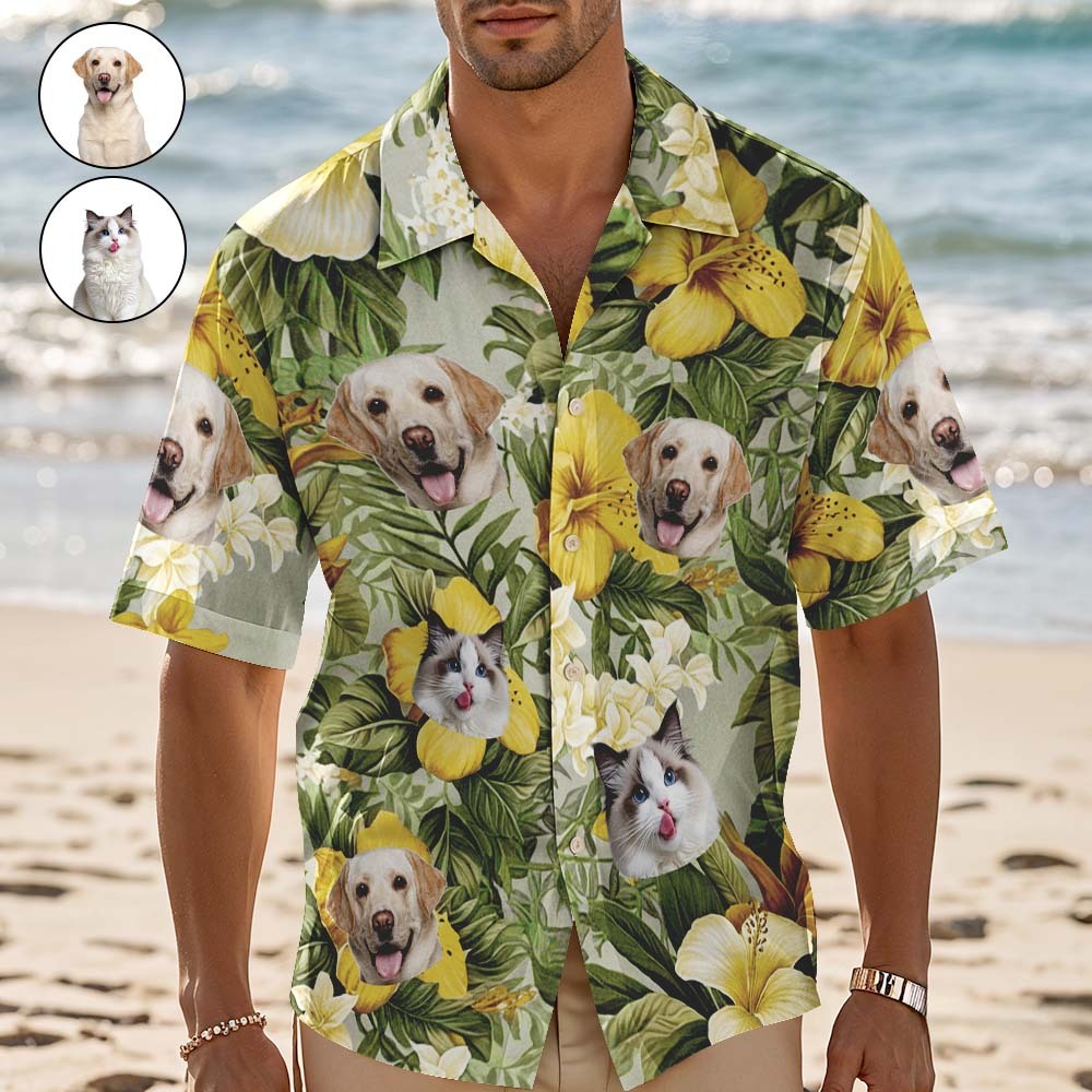 Custom Hawaiian Shirt Yellow Flowers Personalized Photo Hawaiian Shirt Funny Vacation Party Shirts For Pets Lovers - SantaSocks