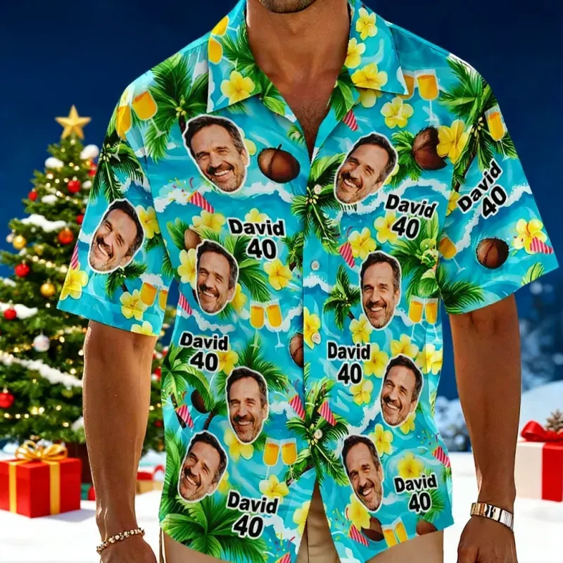 Custom Birthday Age Shirt Coconut Wine Glass Shirt Personalized Hawaiian Shirt with Face Custom Photo Hawaiian Shirt Birthday Christmas Party Gift