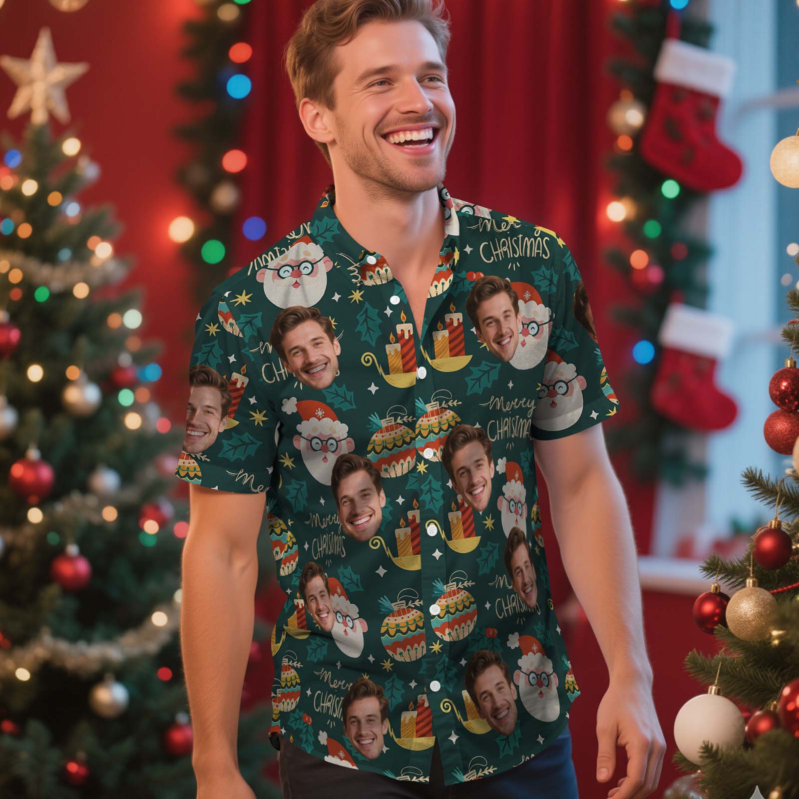 Custom Face Christmas Shirt Green Christmas Ball Hawaiian Shirt Xmas Gift for Family Friends Personalized Face Hawaiian Shirt Gift