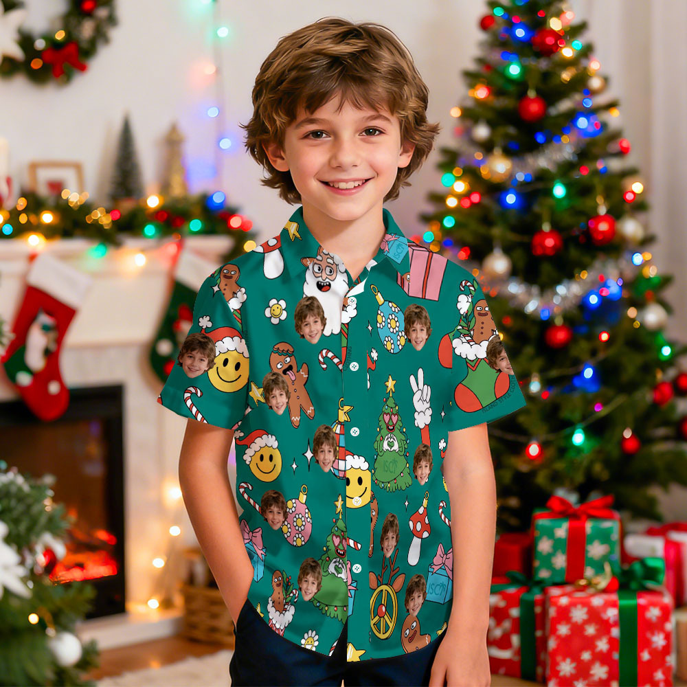 Custom Funny Christmas Light Kids Shirt Personalized Hawaiian Shirt with Face Custom Kids Photo Hawaiian Shirt Gift - SantaSocks