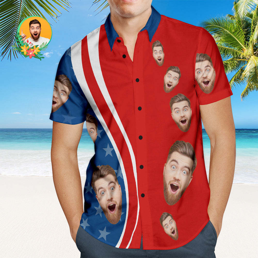Custom Face 4th of July American Flag Patriotic Hawaiian Shirts Independence Day Men's Hawaiian Shirts
