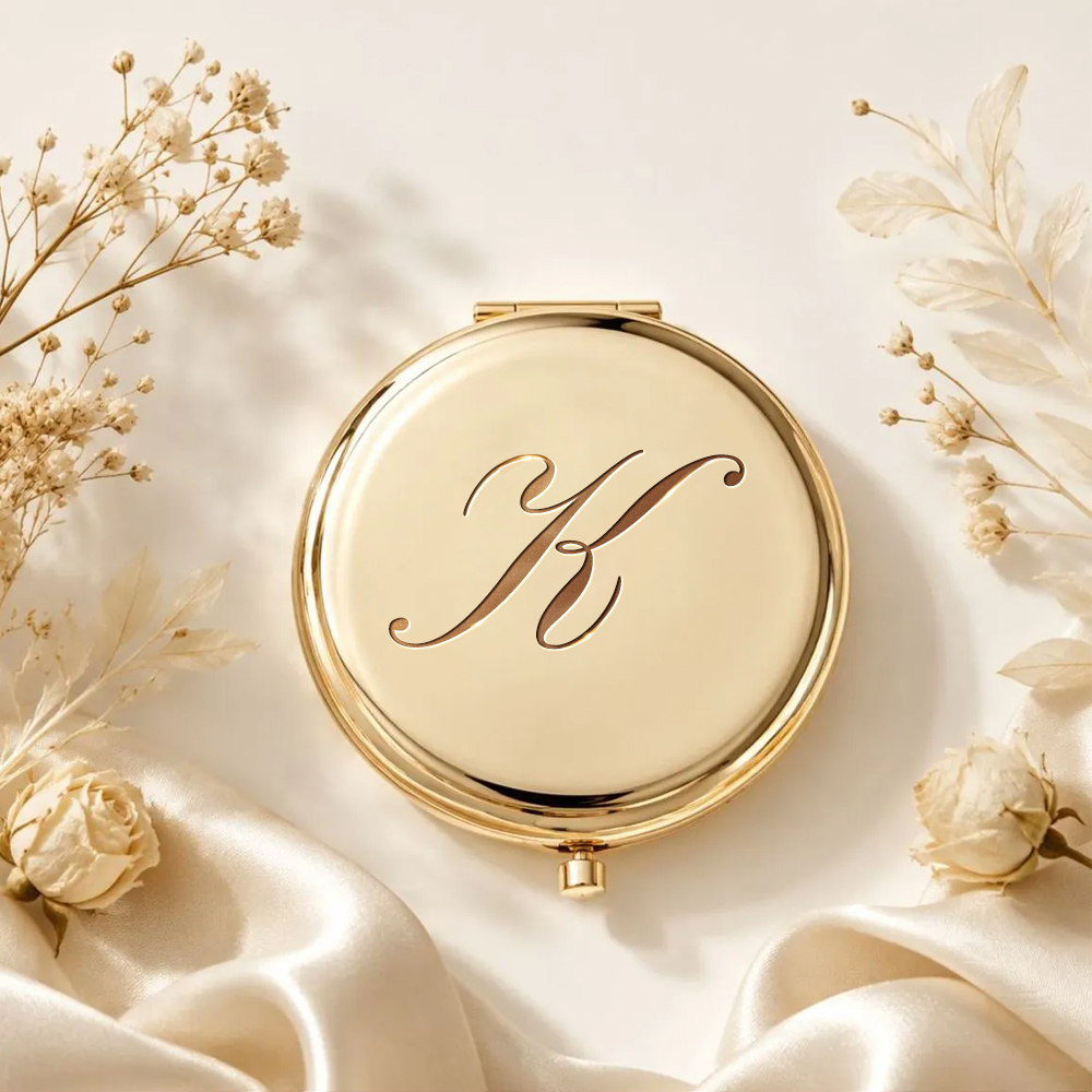 Personalized Gold Compact Mirror, Custom Engraved Name Makeup Mirror Gift
