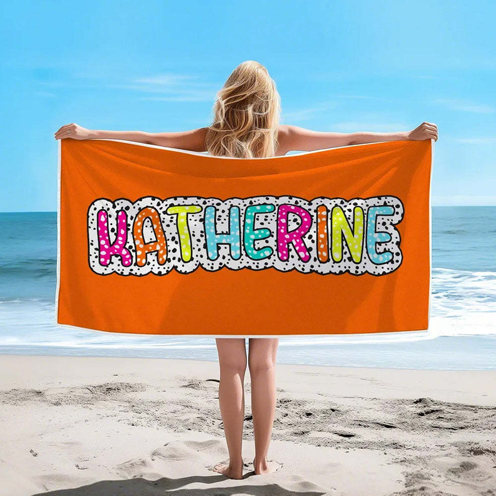 Personalized Dalmatian Dots Beach Towel with Rainbow Name Summer Vacation Bridesmaid Party Gift for Her - SantaSocks