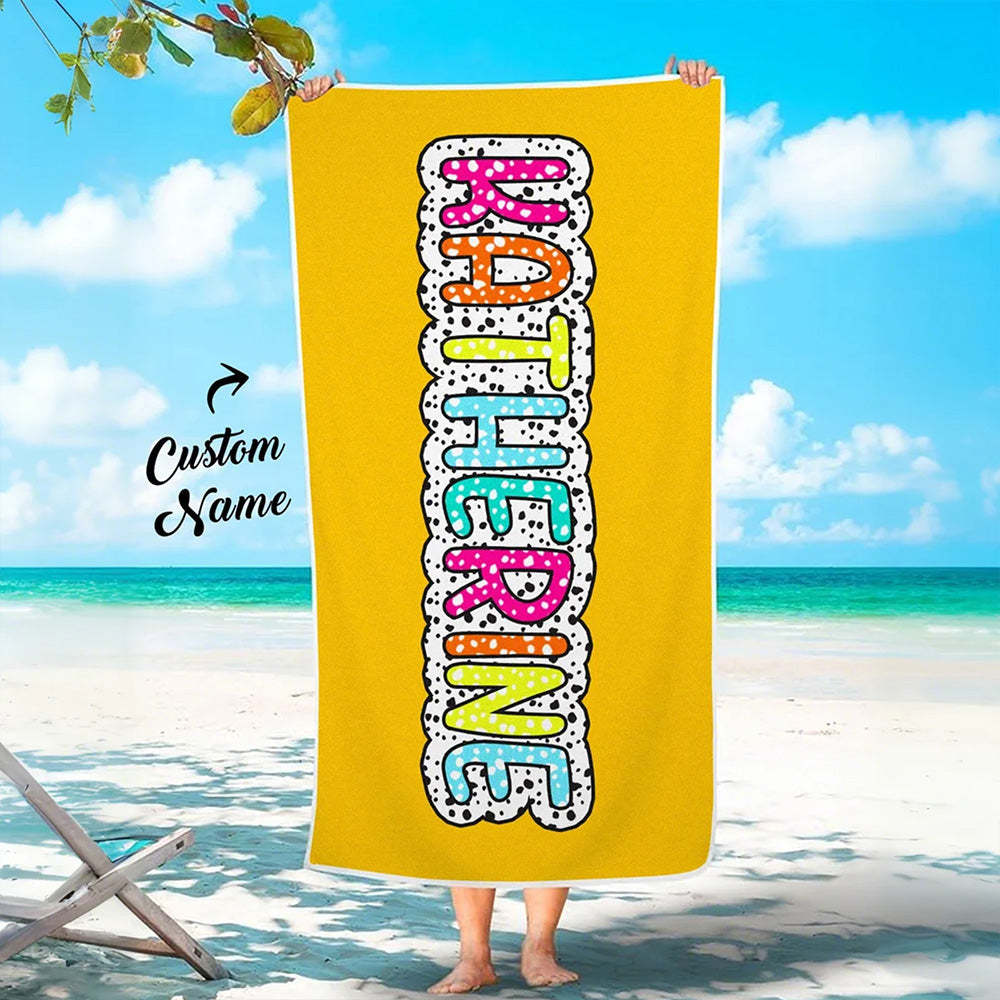 Personalized Dalmatian Dots Beach Towel with Rainbow Name Summer Vacation Bridesmaid Party Gift for Her - SantaSocks