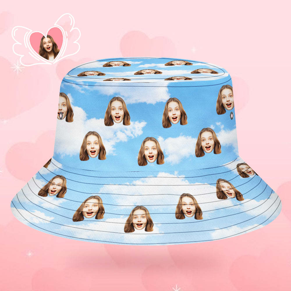 Custom Bucket Hat Unisex Face Bucket Hat Summer Print Bucket Hat Blue Sky and Clouds - SantaSocks