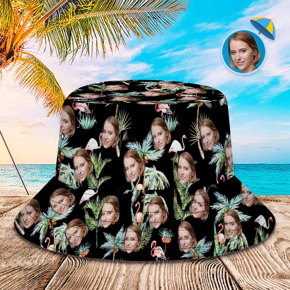 Custom Face Bucket Hat Unisex Face Bucket Hat Flamingo Nights PalmTrees