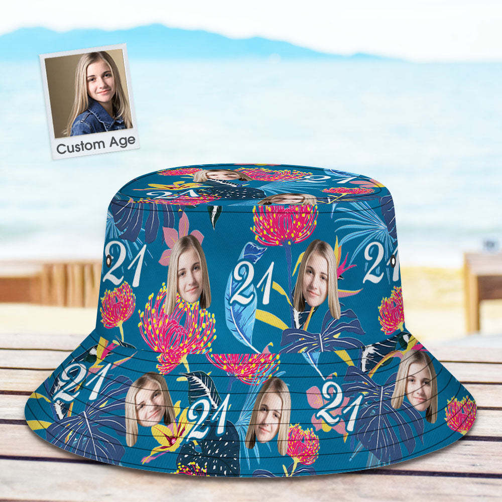 Custom Face Bucket Hat Number and Face hat Dark Blue Sleeves and Pink Flowers - SantaSocks