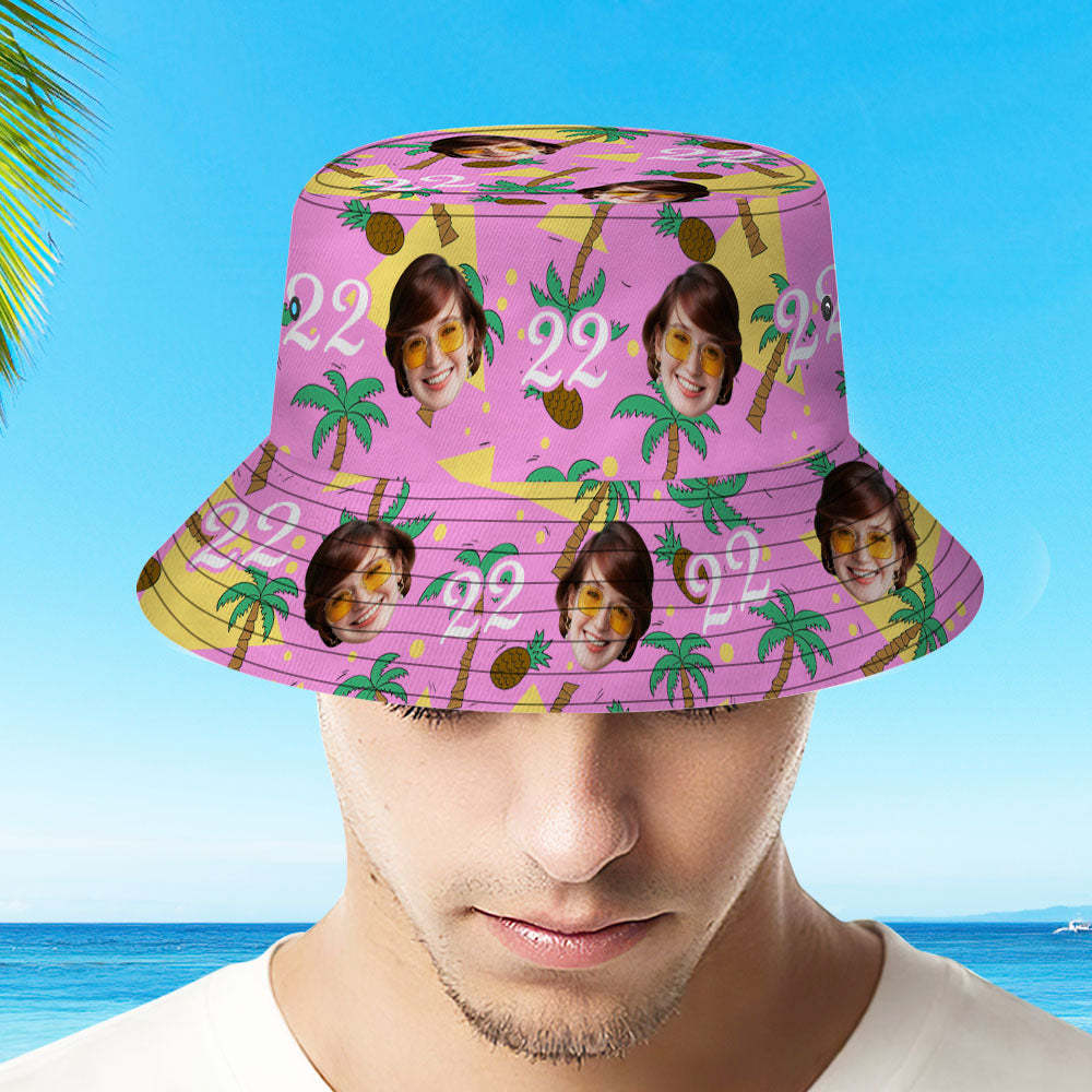 Custom Multi-color Face and Numbers BucketHat Coconut Tree and Pineapple Gift for Men - SantaSocks