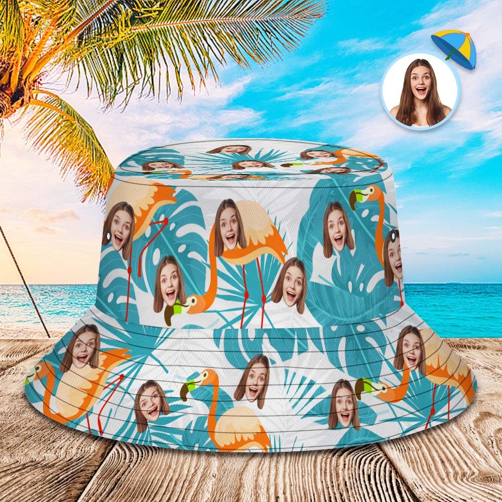 Custom Bucket Hat Unisex Face Bucket Hat Summer Outdoor Flamingos and Blue Leaves Bucket Hat - SantaSocks
