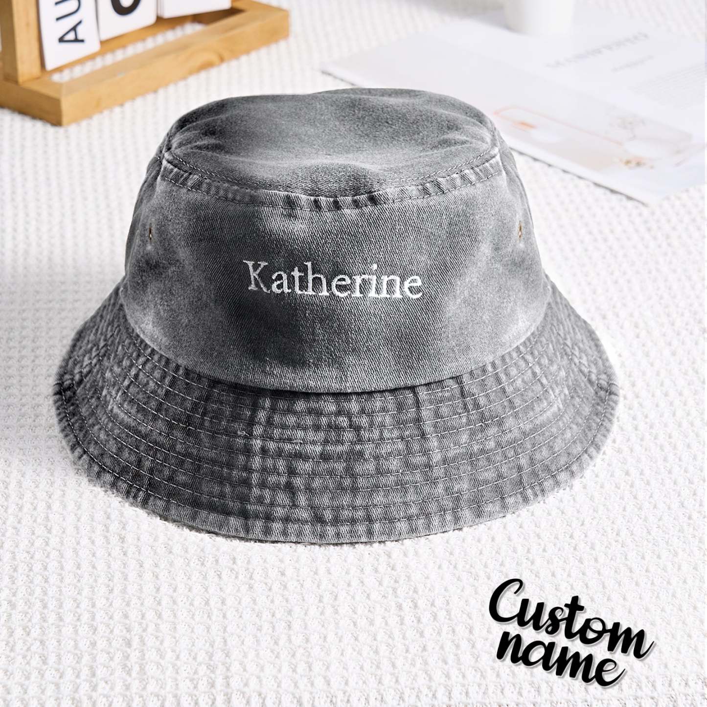 Personalized Denim Bucket Hat Custom Name Embroidery Design Gift for Friends - SantaSocks