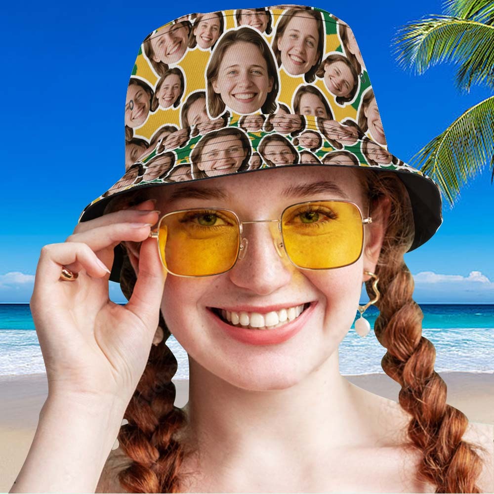 Custom Face Bucket Hat Unisex Face Mash Personalized Outdoor Summer Hats Green and Yellow Color