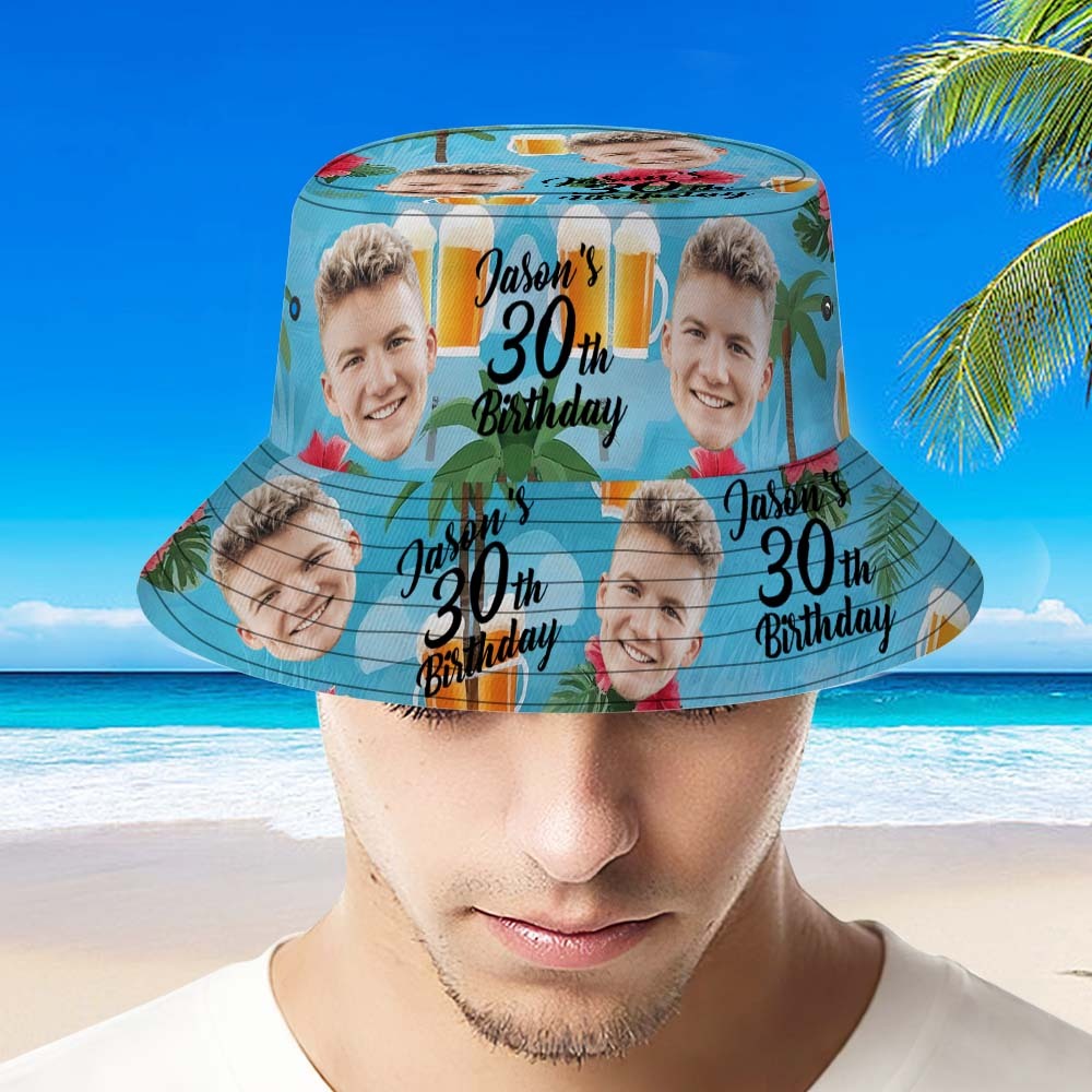Custom Face Birthday Bucket Hat Unisex Face  Personalized Outdoor Summer Age and Birthday Hawaiian Hats Gift