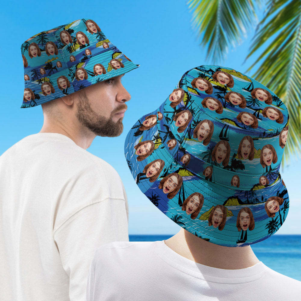Personalized Face Bucket Hat Double-Side-Wear Reversible Hawaiian Style Outdoors Sun Cap - SantaSocks