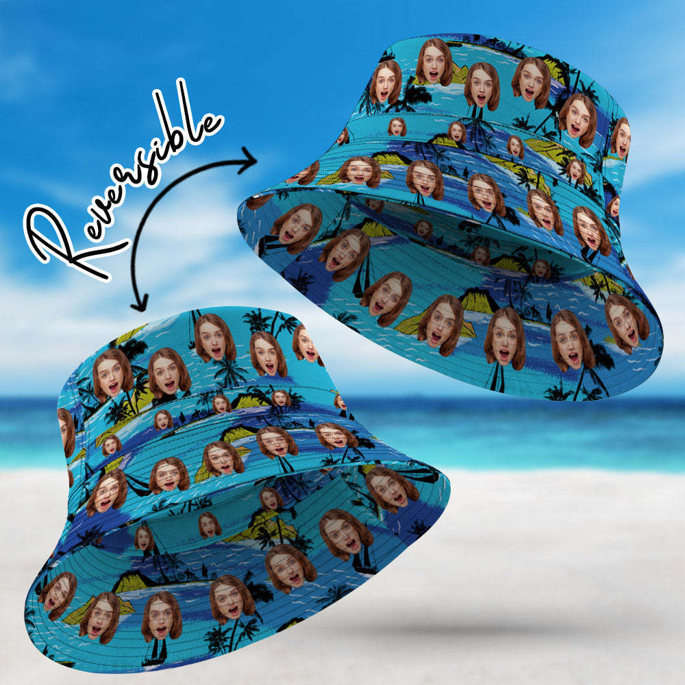 Personalized Face Bucket Hat Double-Side-Wear Reversible Hawaiian Style Outdoors Sun Cap - SantaSocks