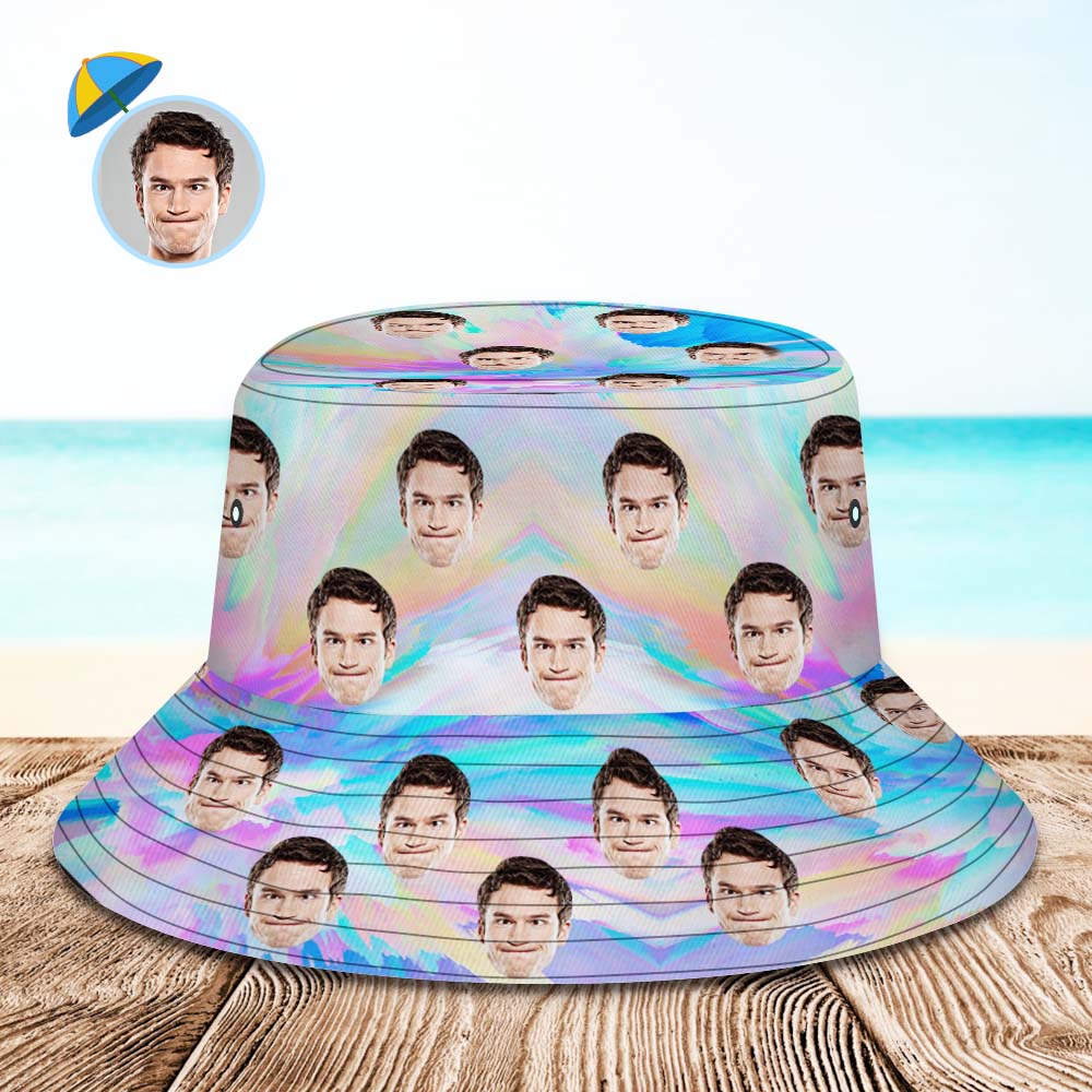 Custom Face Bucket Hat Unisex Personalized Wide Brim Outdoor Summer Hats Blue and Pink Abstract Texture