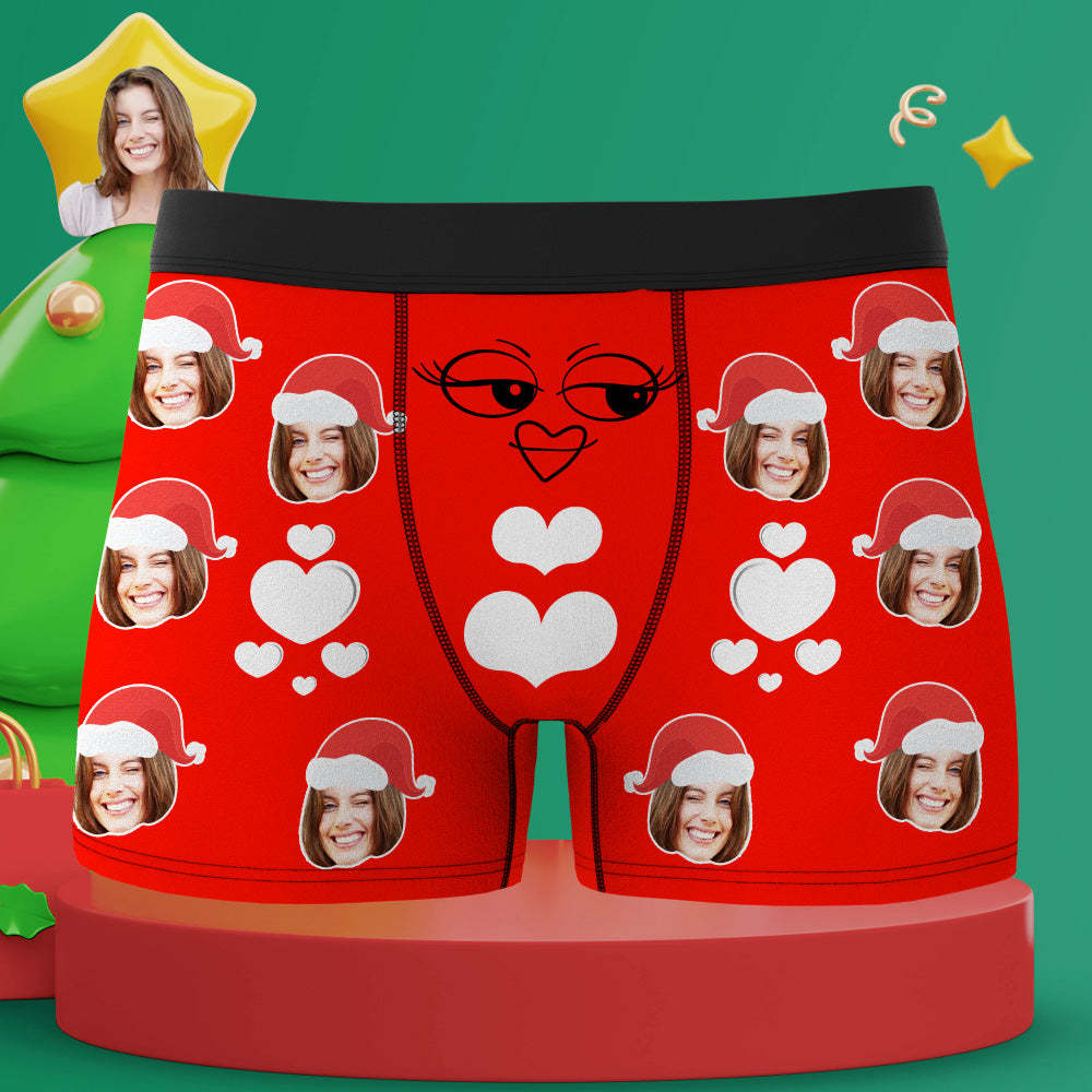 Custom Christmas Boxer Santa Hat Boxer Personalized Mens Heart Underwear Santa Gift for Him